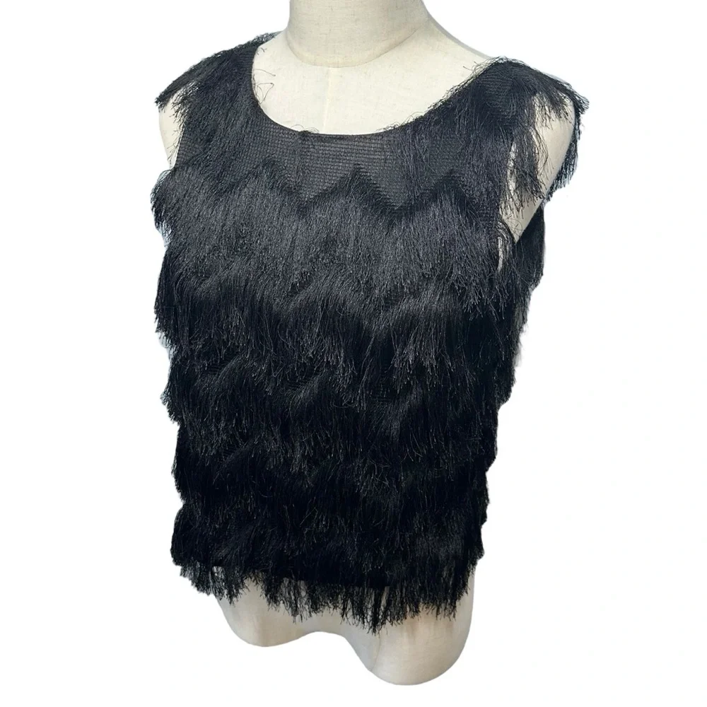ZARA BASICS Women's Black Fringe Crewneck Pullover Tank‎ Top Cropped Sz S - Picture 11 of 11